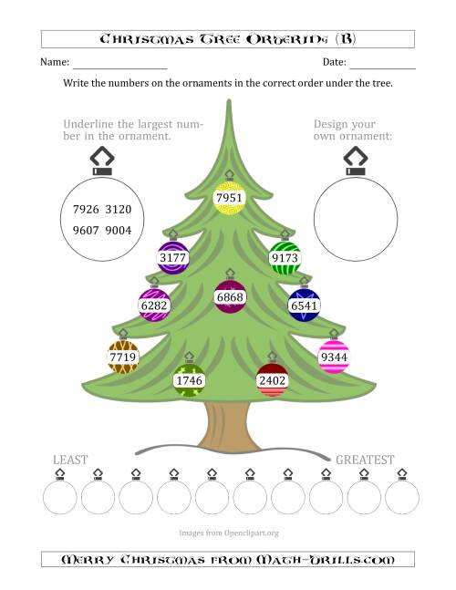 The Ordering/Sorting Numbers 1000 to 9999 on a Christmas Tree (B) Math Worksheet