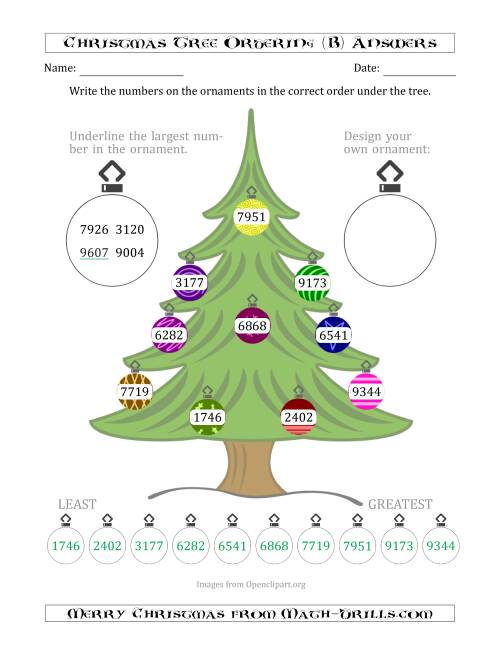 The Ordering/Sorting Numbers 1000 to 9999 on a Christmas Tree (B) Math Worksheet Page 2