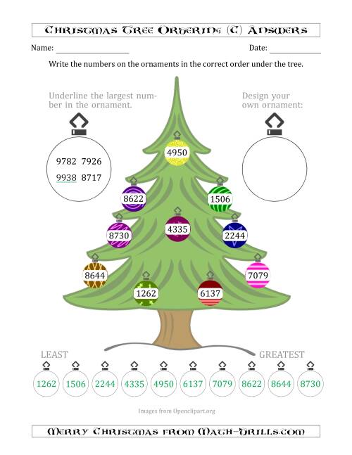 The Ordering/Sorting Numbers 1000 to 9999 on a Christmas Tree (C) Math Worksheet Page 2