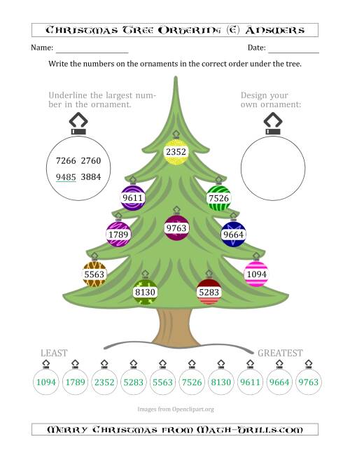 The Ordering/Sorting Numbers 1000 to 9999 on a Christmas Tree (E) Math Worksheet Page 2