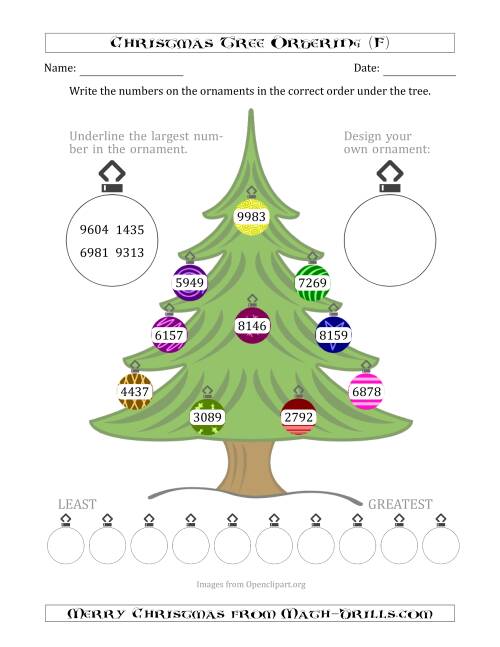 The Ordering/Sorting Numbers 1000 to 9999 on a Christmas Tree (F) Math Worksheet