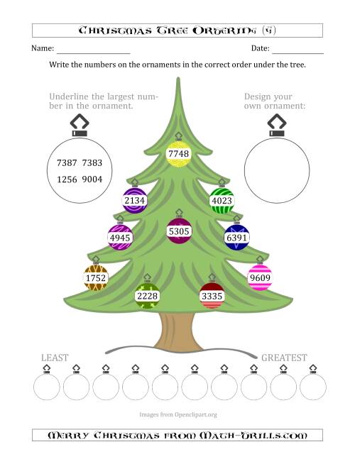 The Ordering/Sorting Numbers 1000 to 9999 on a Christmas Tree (G) Math Worksheet