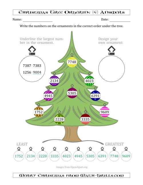The Ordering/Sorting Numbers 1000 to 9999 on a Christmas Tree (G) Math Worksheet Page 2