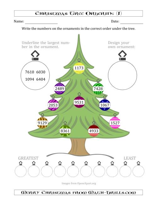 The Ordering/Sorting Numbers 1000 to 9999 on a Christmas Tree (I) Math Worksheet