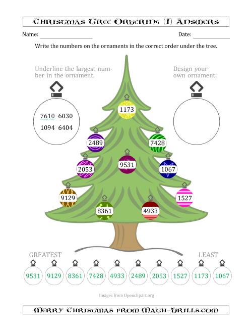 The Ordering/Sorting Numbers 1000 to 9999 on a Christmas Tree (I) Math Worksheet Page 2