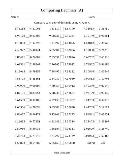 The Comparing Decimals Up to Hundred Thousandths (Both Numbers Random) (A) Math Worksheet