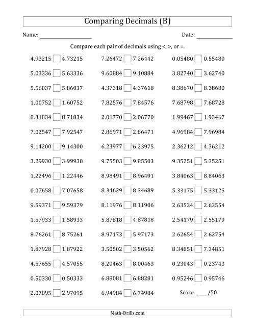 The Comparing Decimals Up to Hundred Thousandths (One Digit Differs) (B) Math Worksheet