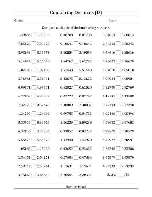 The Comparing Decimals Up to Hundred Thousandths (One Digit Differs) (D) Math Worksheet