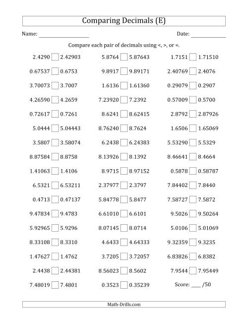 The Comparing Decimals Up to Hundred Thousandths (One Number Has an Extra Digit) (E) Math Worksheet