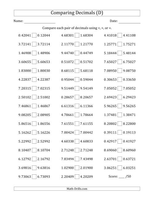 The Comparing Decimals Up to Hundred Thousandths (Two Digits Swapped) (D) Math Worksheet