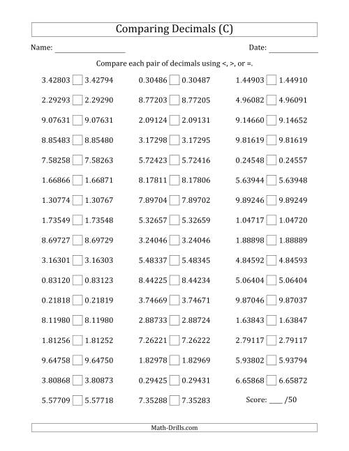 The Comparing Decimals Up to Hundred Thousandths (Both Numbers Close in Value) (C) Math Worksheet