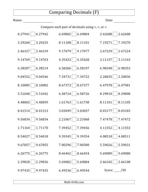 The Comparing Decimals Up to Hundred Thousandths (Both Numbers Close in Value) (F) Math Worksheet