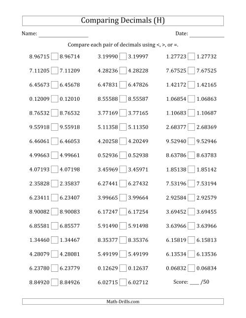 The Comparing Decimals Up to Hundred Thousandths (Both Numbers Close in Value) (H) Math Worksheet
