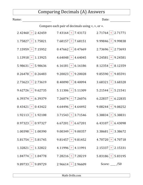 comparing decimals up to hundred thousandths both numbers close in