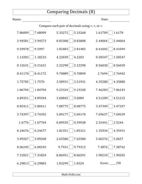 The Comparing Decimals Up to Hundred Thousandths (Various Tricks) (B) Math Worksheet