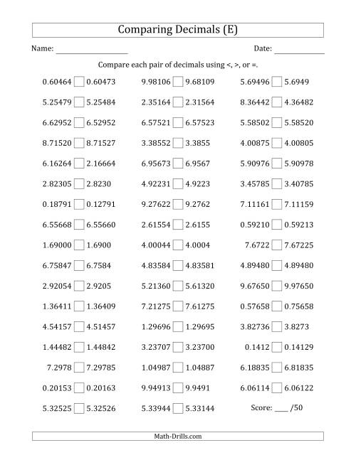 The Comparing Decimals Up to Hundred Thousandths (Various Tricks) (E) Math Worksheet