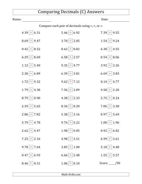 The Comparing Decimals Up to Hundredths (Both Numbers Random) (C) Math Worksheet Page 2