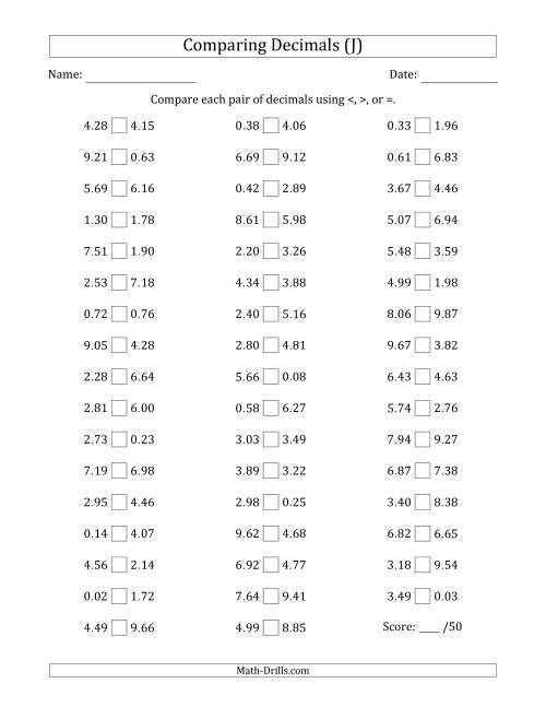 Comparing Decimals Up to Hundredths (Both Numbers Random) (J)