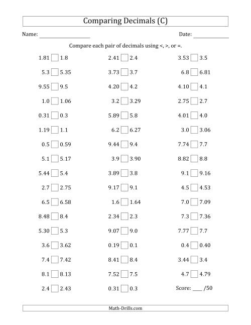 The Comparing Decimals Up to Hundredths (One Number Has an Extra Digit) (C) Math Worksheet