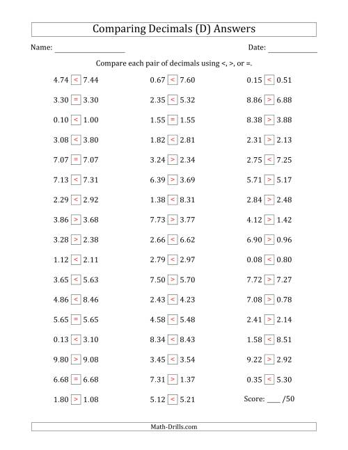 The Comparing Decimals Up to Hundredths (Two Digits Swapped) (D) Math Worksheet Page 2