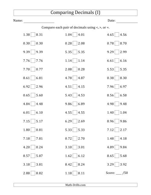 The Comparing Decimals Up to Hundredths (Two Digits Swapped) (I) Math Worksheet