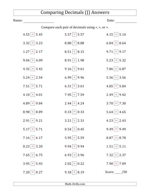 The Comparing Decimals Up to Hundredths (Two Digits Swapped) (J) Math Worksheet Page 2