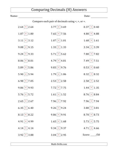The Comparing Decimals Up to Hundredths (Both Numbers Close in Value) (H) Math Worksheet Page 2