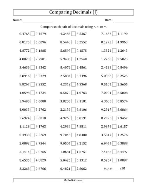 The Comparing Decimals Up to Ten Thousandths (Both Numbers Random) (J) Math Worksheet