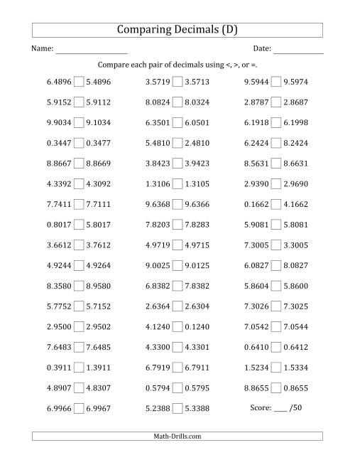The Comparing Decimals Up to Ten Thousandths (One Digit Differs) (D) Math Worksheet