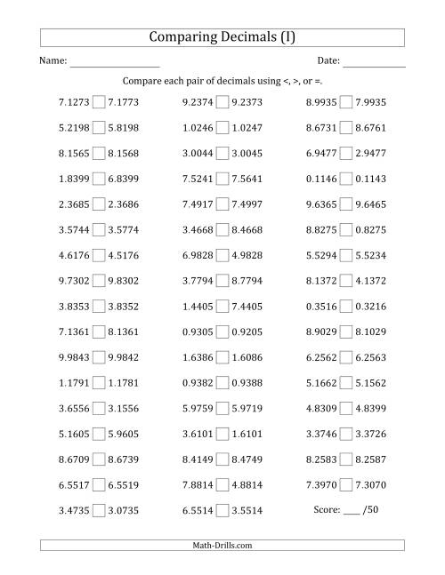 The Comparing Decimals Up to Ten Thousandths (One Digit Differs) (I) Math Worksheet