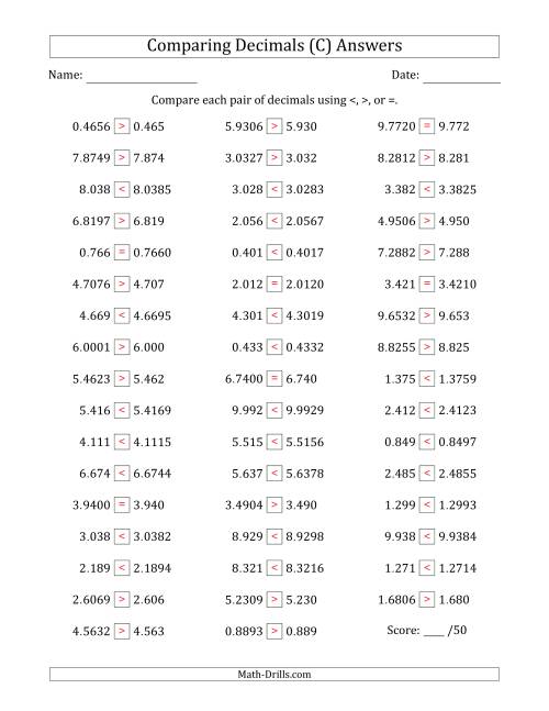 comparing decimals up to ten thousandths one number has an extra digit