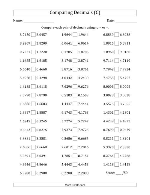 The Comparing Decimals Up to Ten Thousandths (Two Digits Swapped) (C) Math Worksheet