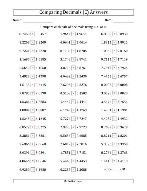 The Comparing Decimals Up to Ten Thousandths (Two Digits Swapped) (C) Math Worksheet Page 2