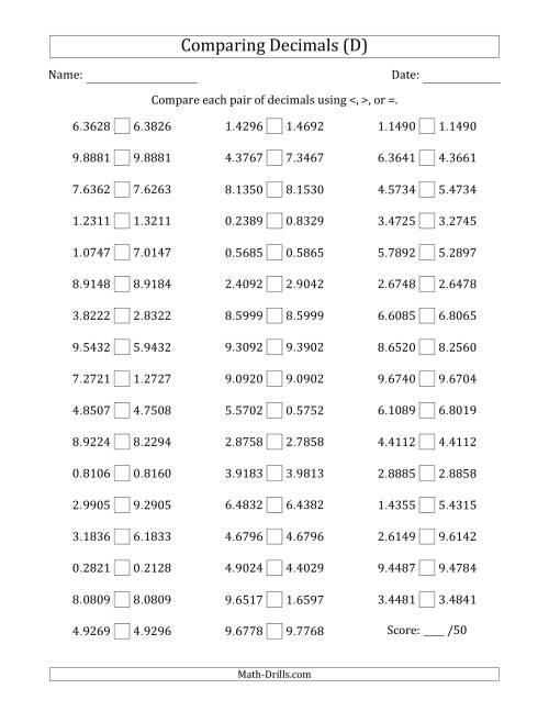The Comparing Decimals Up to Ten Thousandths (Two Digits Swapped) (D) Math Worksheet