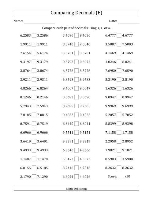 The Comparing Decimals Up to Ten Thousandths (Two Digits Swapped) (E) Math Worksheet