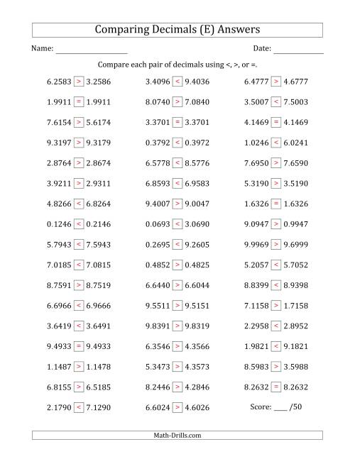 The Comparing Decimals Up to Ten Thousandths (Two Digits Swapped) (E) Math Worksheet Page 2
