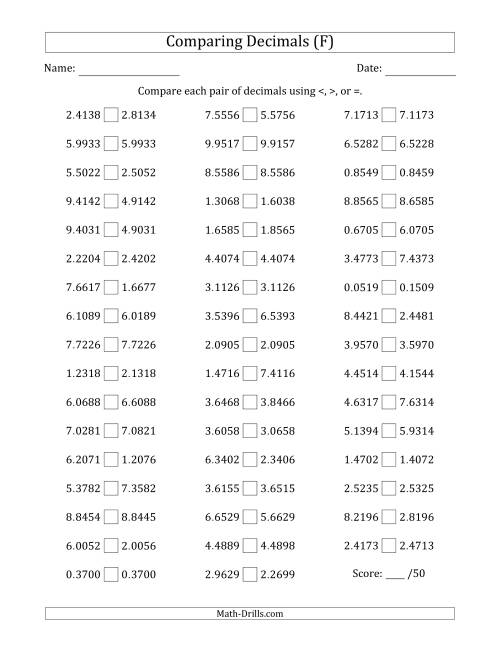 The Comparing Decimals Up to Ten Thousandths (Two Digits Swapped) (F) Math Worksheet