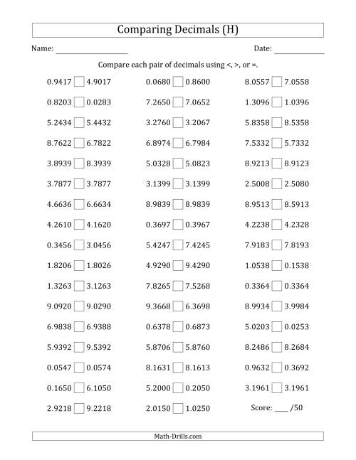 The Comparing Decimals Up to Ten Thousandths (Two Digits Swapped) (H) Math Worksheet