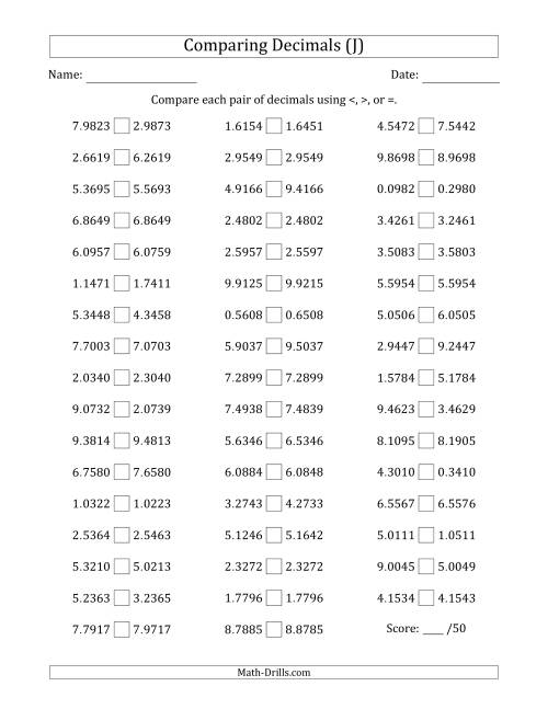 The Comparing Decimals Up to Ten Thousandths (Two Digits Swapped) (J) Math Worksheet
