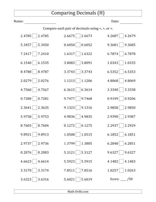 The Comparing Decimals Up to Ten Thousandths (Both Numbers Close in Value) (H) Math Worksheet