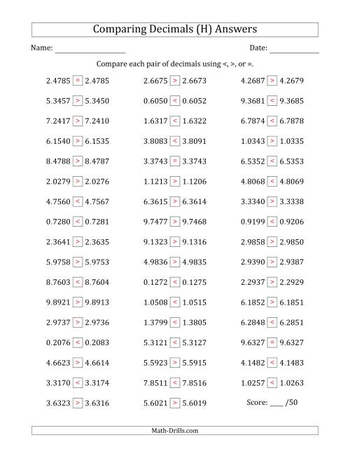 The Comparing Decimals Up to Ten Thousandths (Both Numbers Close in Value) (H) Math Worksheet Page 2