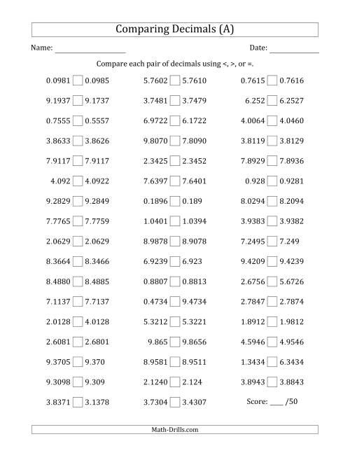 The Comparing Decimals Up to Ten Thousandths (Various Tricks) (A) Math Worksheet