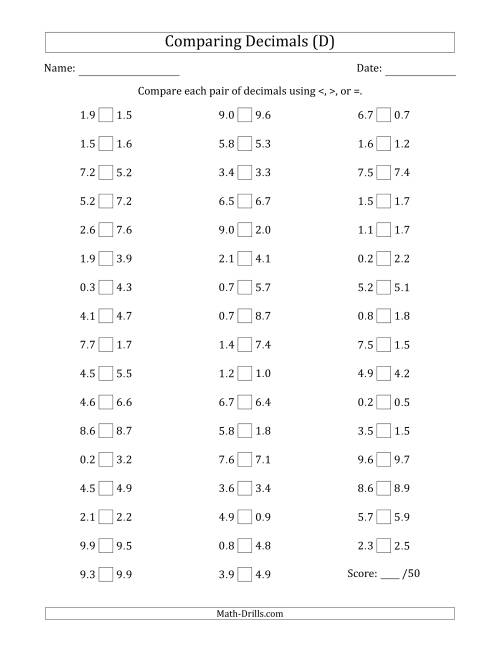 The Comparing Decimals Up to Tenths (One Digit Differs) (D) Math Worksheet