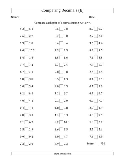 The Comparing Decimals Up to Tenths (Various Tricks) (E) Math Worksheet