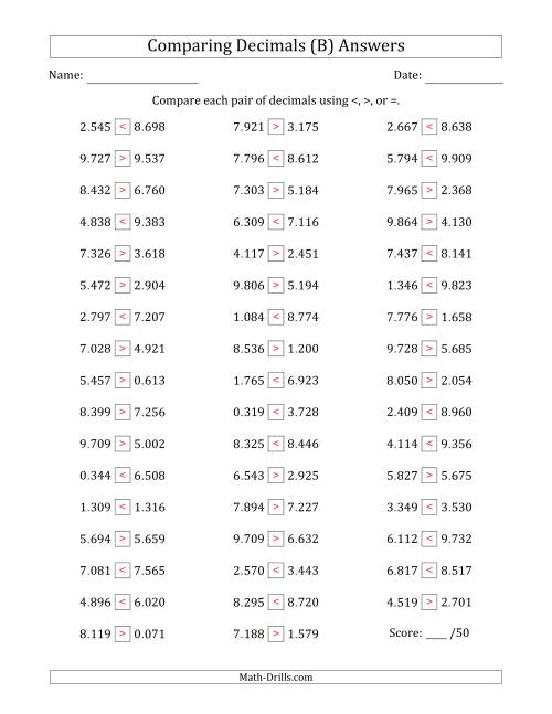 The Comparing Decimals Up to Thousandths (Both Numbers Random) (B) Math Worksheet Page 2