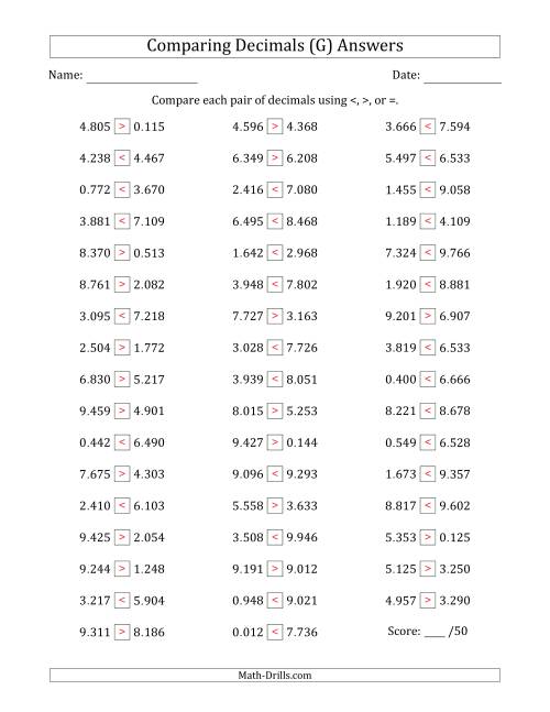 The Comparing Decimals Up to Thousandths (Both Numbers Random) (G) Math Worksheet Page 2