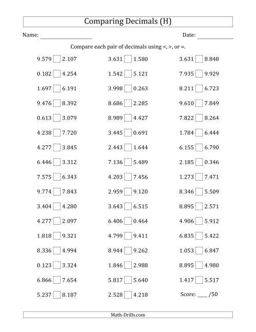 The Comparing Decimals Up to Thousandths (Both Numbers Random) (H) Math Worksheet