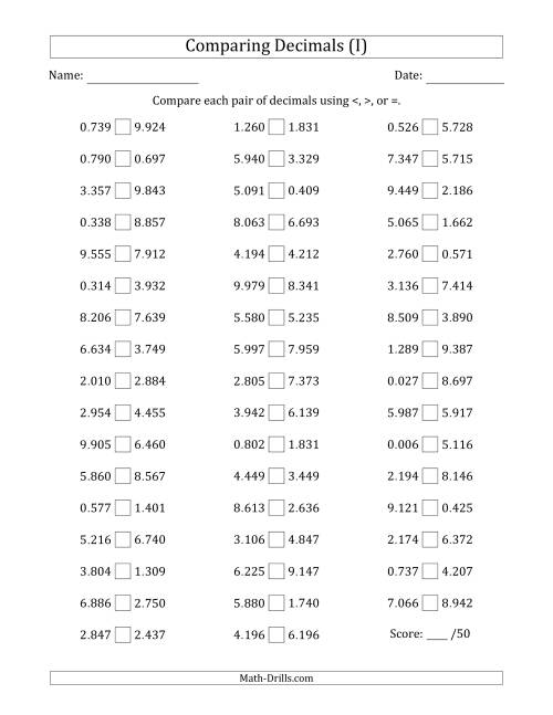 The Comparing Decimals Up to Thousandths (Both Numbers Random) (I) Math Worksheet