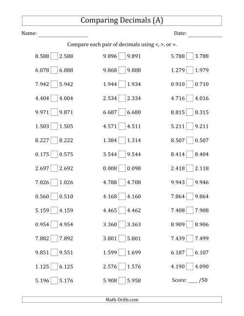 The Comparing Decimals Up to Thousandths (One Digit Differs) (A) Math Worksheet
