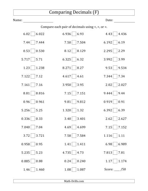 The Comparing Decimals Up to Thousandths (One Number Has an Extra Digit) (F) Math Worksheet